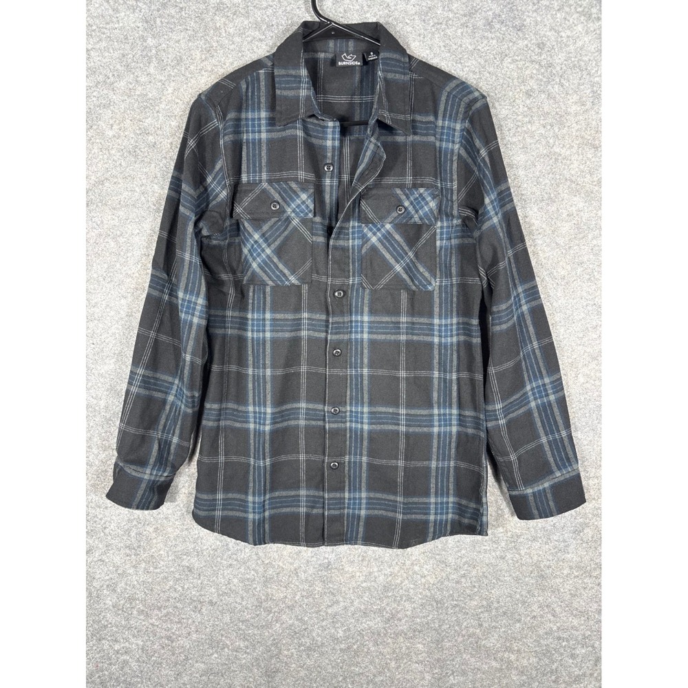 Mens Burnside Flannel Shirt‎ Black Blue Plaid Long Sleeve Button Up Size S